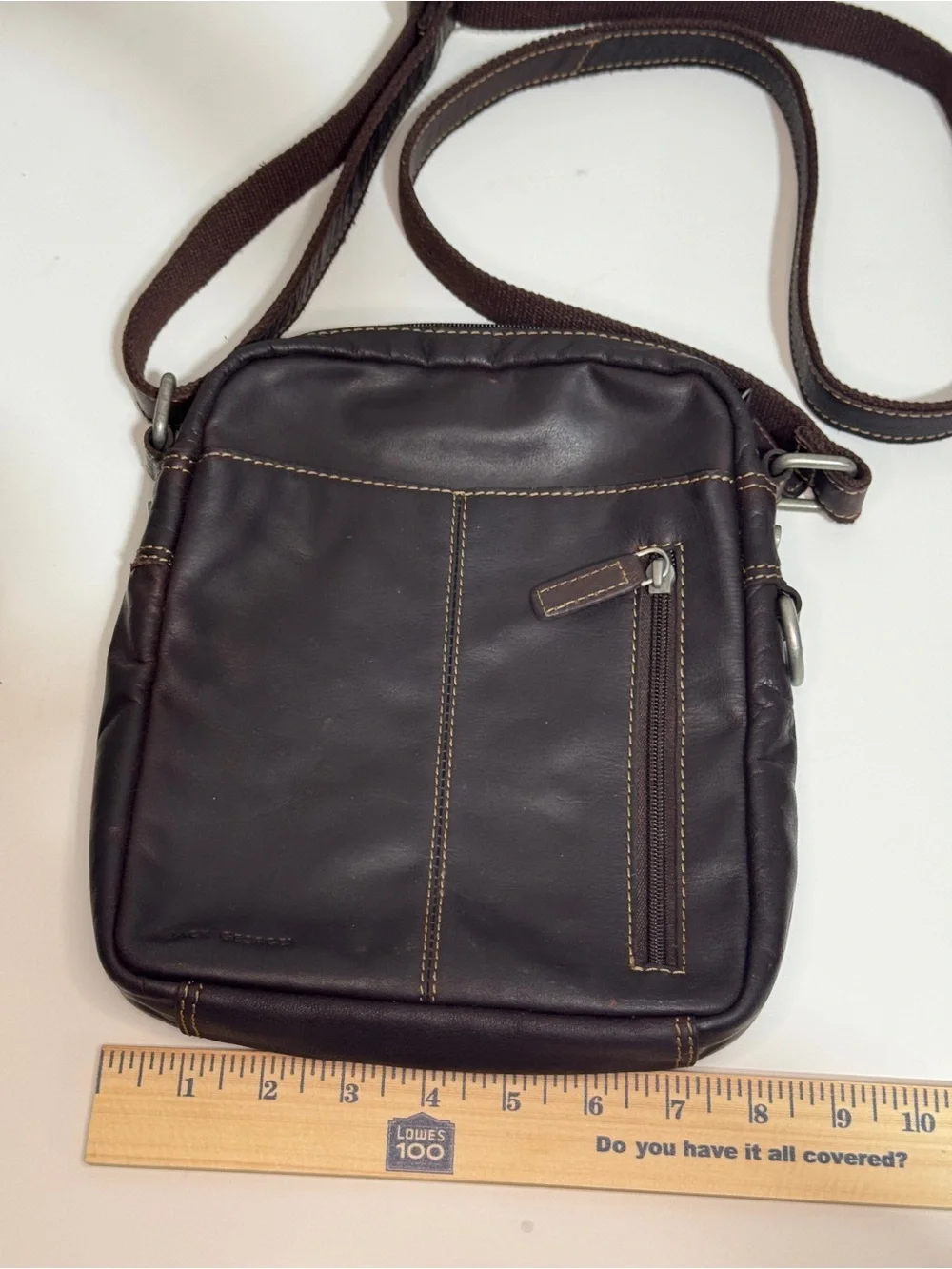 Jack Georges Men's Dark Brown Leather Crossbody Travel Bag  Zipper top closure